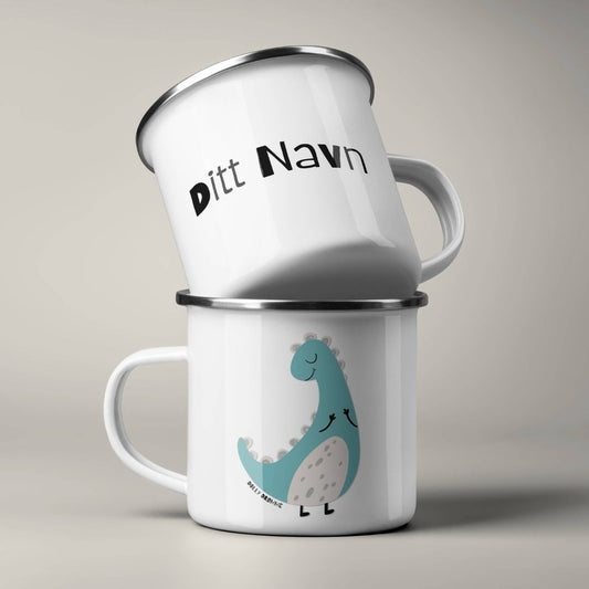 Emaljekrus stablet, med personlig navn på ene siden og dinosaurmotiv på andre siden