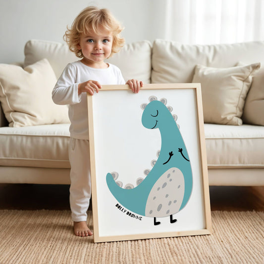 Drømmende dinosaur med lukkede øyne på lys bakgrunnx i eik ramme.