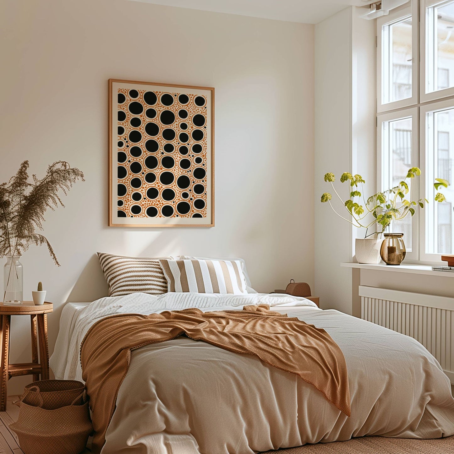 Dot Motion er en moderne og rytmisk plakat med overlappende sirkler i svart og oransje. Illustrasjon viser motiv med smal kant i eik ramme.