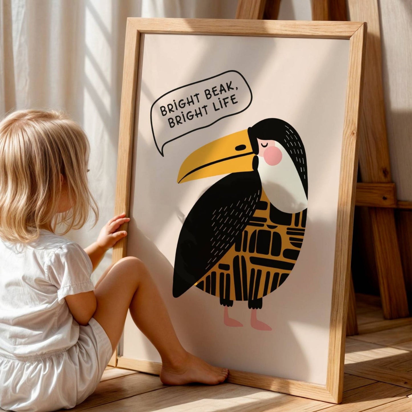 Sterkt nebb, sterkt liv – denne sprudlende plakaten med en geometrisk tukan og inspirerende budskap gir både farge og energi til veggen. illustrasjon viser plakat i eik ramme.