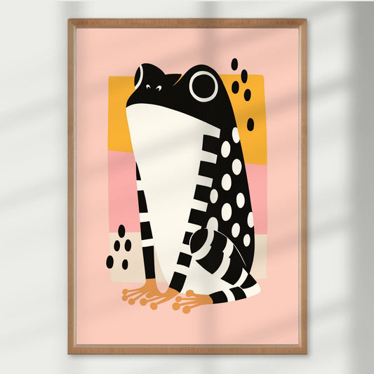 Grafisk frosk med attitude – en kul frosk med kontrastfarger som skaper et moderne blikkfang. Illustrasjon viser plakat i eik ramme.