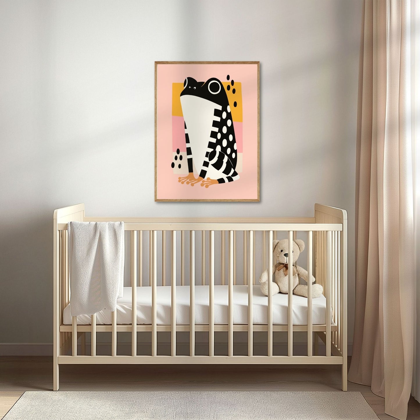 Grafisk frosk med attitude – en kul frosk med kontrastfarger som skaper et moderne blikkfang. Illustrasjon viser plakat i eik ramme over en barneseng.