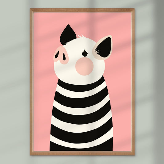 En søt gris i striper – med myk rosa snute og glimt i øyet er dette et sjarmerende og moderne motiv for de minste. Illustrasjon viser plakat i eik ramme.