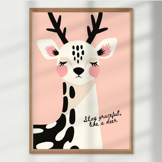 Vær grasiøs, som en hjort – med lukkede øyne og rolige trekk minner denne plakaten oss om viktigheten av å være mild og sterk. Illustrasjon viser plakat i eik ramme.