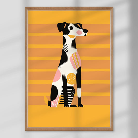 Lojal og fargerik – denne hunden i mønstrede striper sitter rakrygget og klar for eventyr. Illustrasjon viser plakat i eik ramme.