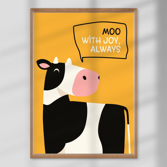 Raut av glede, alltid – denne glade kua sprer positiv energi og minner oss på å ta livet med et smil. Illustrasjon viser plakat i eik ramme.