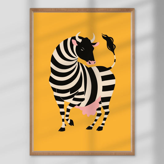 Kraft og stil – med vridd kropp og intense striper er oksen et ekte kraftsymbol med stilren vri. Illustrasjon viser plakat i eik ramme.