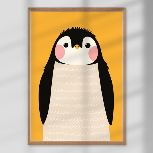 Kul og kosete – pingvinen i serien er både grafisk og myk, perfekt for vinterbarn og iskalde hjerteknusere. Illustrasjon viser plakat i eik ramme.