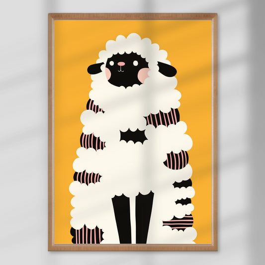 Ull og varme – den lodne sauen står støtt og rolig, og gir barnerommet en myk og trygg atmosfære. Illustrasjon viser plakat i eik ramme.