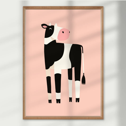 En liten ku med stor personlighet – denne sjarmerende plakaten viser en svart-hvit ku i moderne, enkel stil, perfekt for små dyrevenner. Illustrasjon viser plakat i eik ramme.
