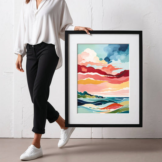 Dreamscape Horizon – et abstrakt landskapsmotiv som vekker følelser av frihet, eventyr og ro. Illustrasjon viser plakat med passepartout i sort ramme.