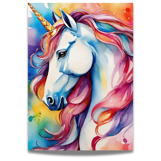 Drømmende Enhjørning, en fantastisk illustrasjon som fanger skjønnheten til enhjørningen i levende akvarelltoner. Plakat eller lerret.