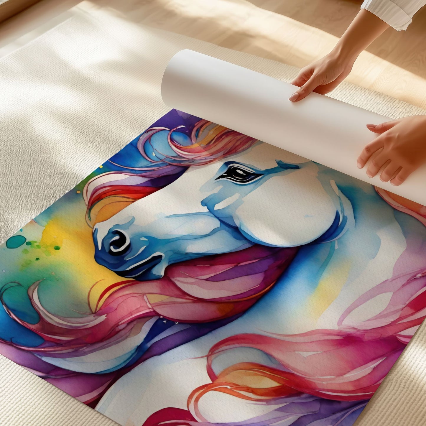 Drømmende Enhjørning, en fantastisk illustrasjon som fanger skjønnheten til enhjørningen i levende akvarelltoner. Illustrasjon viser print av motiv.