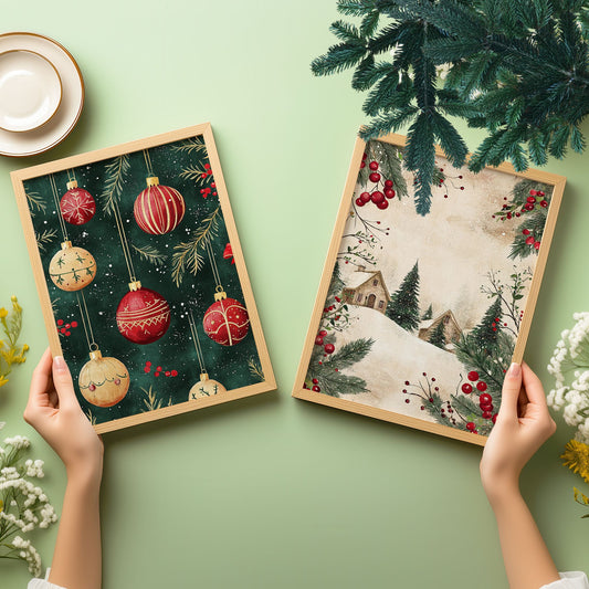 To stemningsfulle juleplakater i klassisk, vintage stil – perfekt for å skape den varme julestemningen hjemme. Illustrasjon viser plakatenen uten hvit kant i 21x30 eik rammer.