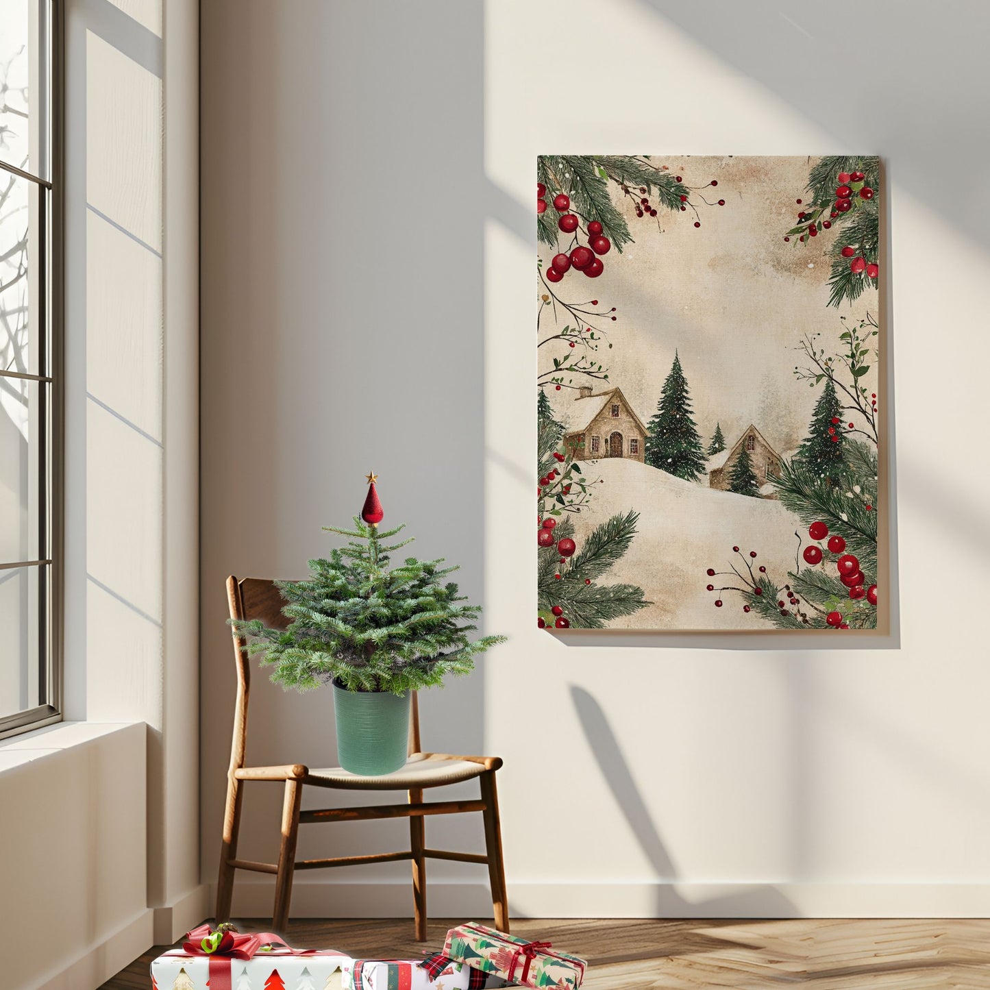 Stemningsfull juleplakat med snøkledd landskap i klassisk, vintage stil – perfekt for å skape den varme julestemningen hjemme. Illustrasjon viser plakat på lerret.