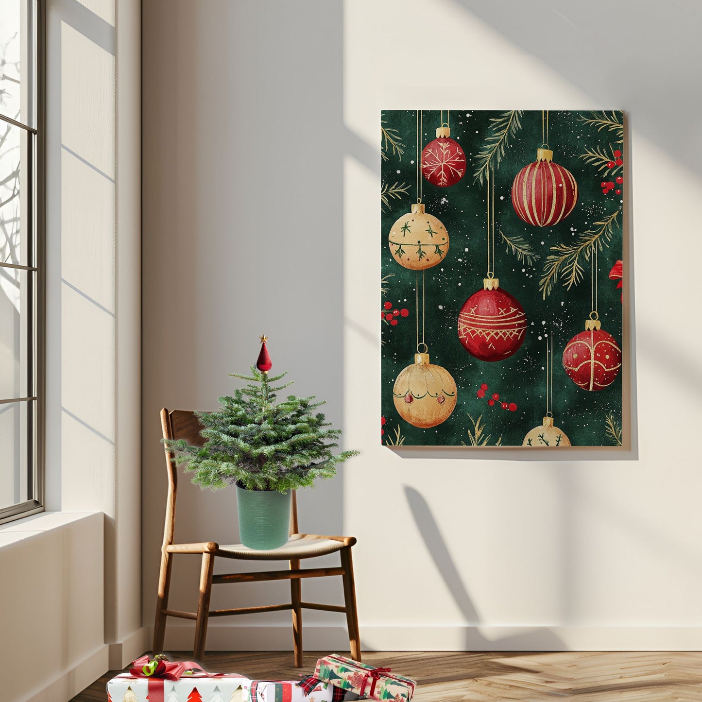 Stemningsfull juleplakat med julekuler i klassisk, vintage stil – perfekt for å skape den varme julestemningen hjemme. Illustrasjon viser plakat på lerret.