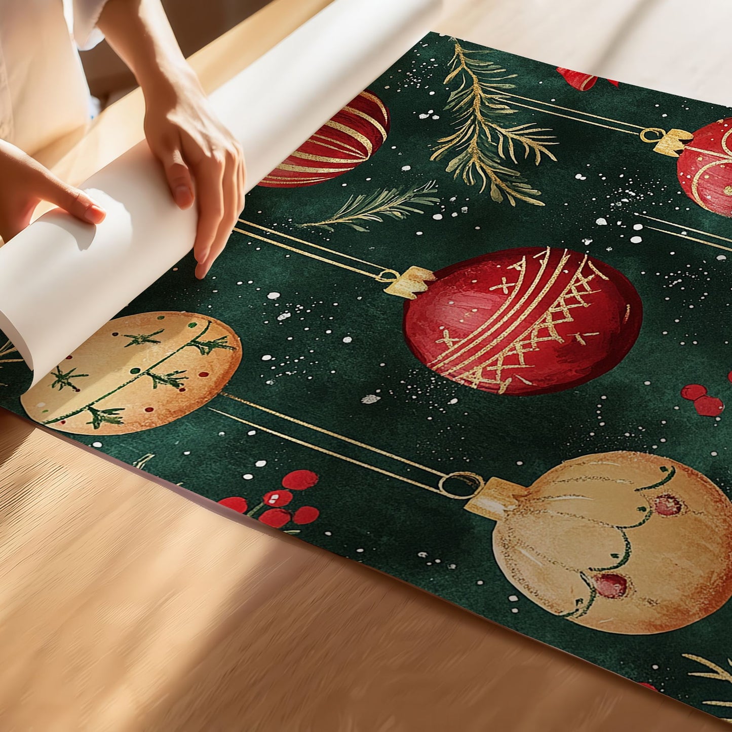 Stemningsfull juleplakat med julekuler i klassisk, vintage stil – perfekt for å skape den varme julestemningen hjemme. Illustrasjon viser plakat på print.