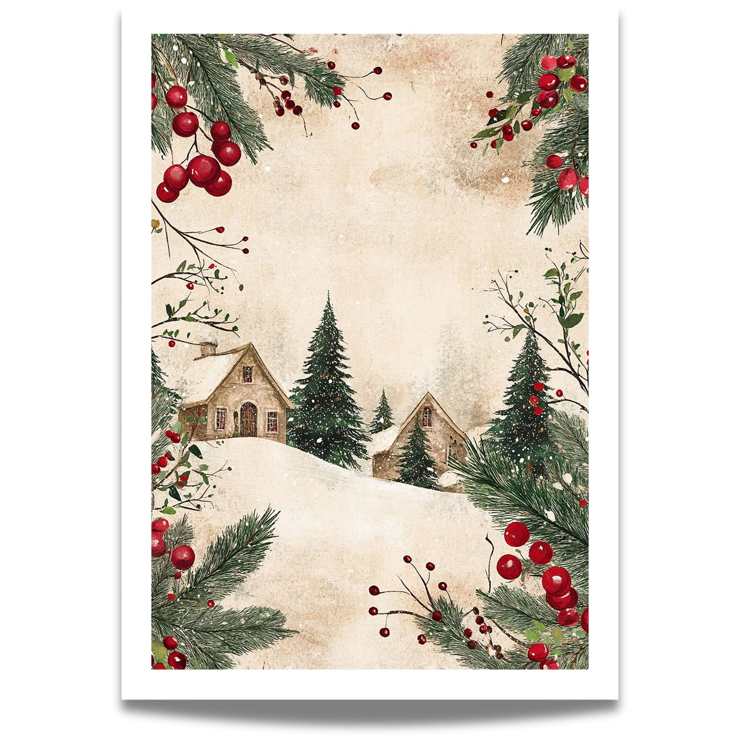 Stemningsfull juleplakat med snøkledd landskap i klassisk, vintage stil – perfekt for å skape den varme julestemningen hjemme.