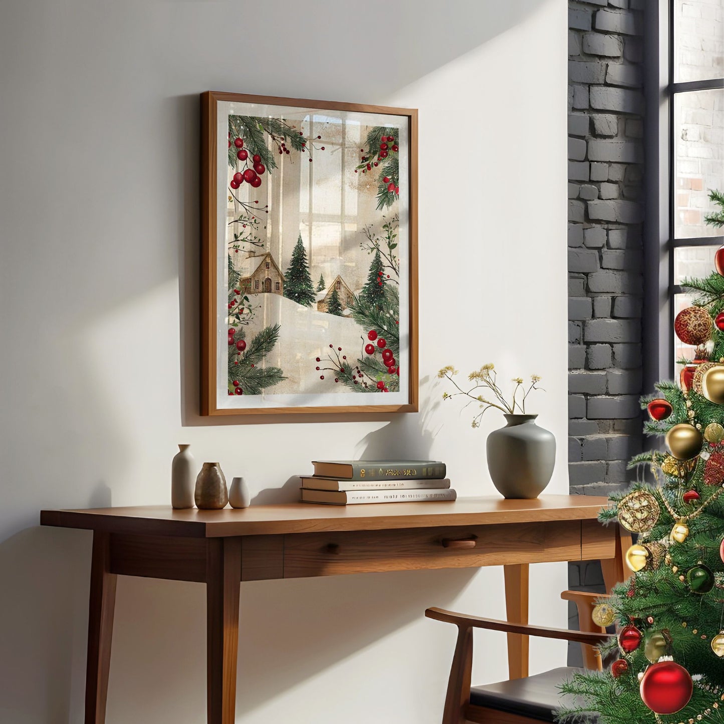 Stemningsfull juleplakat med snøkledd landskap i klassisk, vintage stil – perfekt for å skape den varme julestemningen hjemme. Illustrasjon viser plakat med hvit kantlinje i brun ramme.