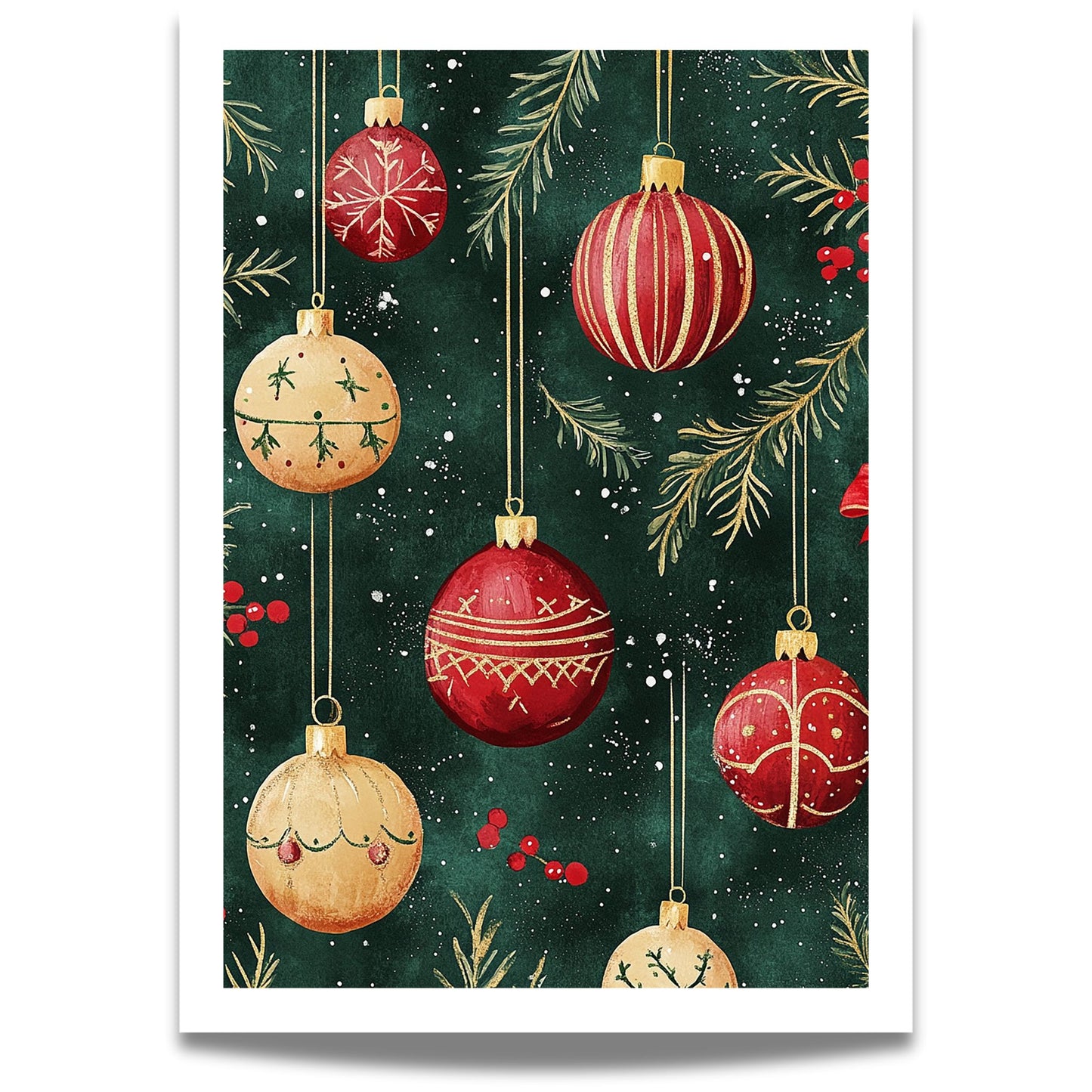 Stemningsfull juleplakat med julekuler i klassisk, vintage stil – perfekt for å skape den varme julestemningen hjemme.
