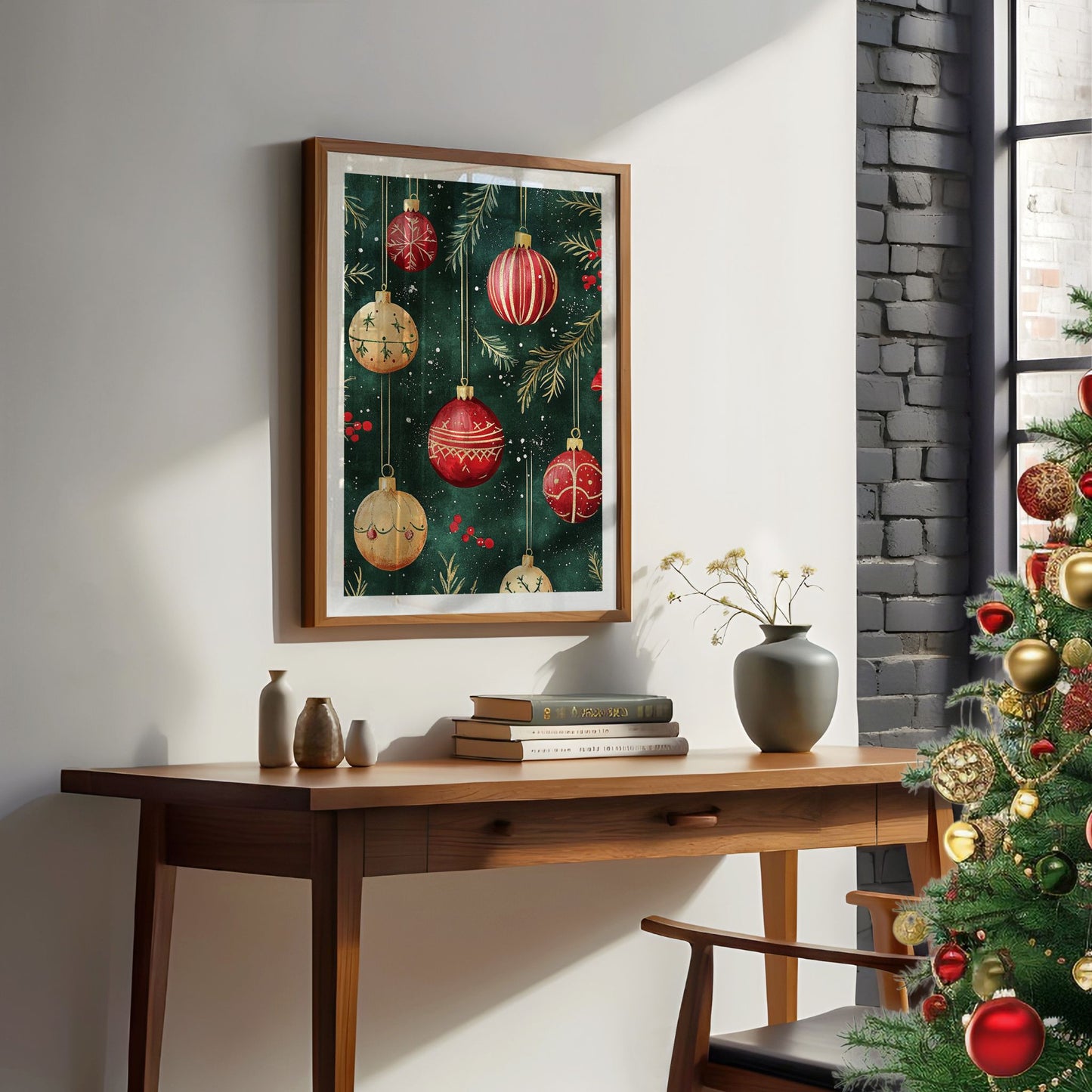 Stemningsfull juleplakat med julekuler i klassisk, vintage stil – perfekt for å skape den varme julestemningen hjemme. Illustrasjon viser plakat med hvit kantlinje i brun ramme.