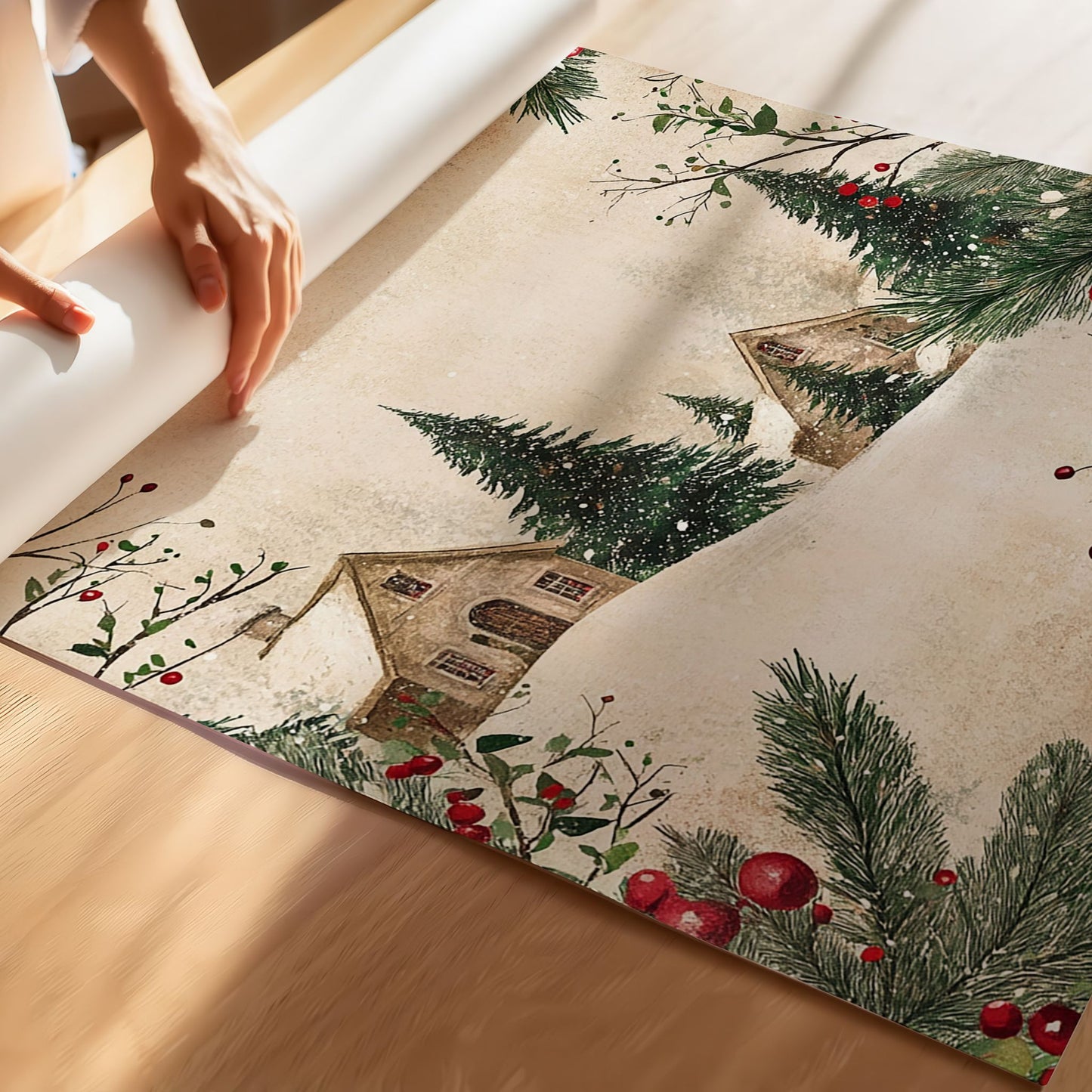 Stemningsfull juleplakat med snøkledd landskap i klassisk, vintage stil – perfekt for å skape den varme julestemningen hjemme. Illustrasjon viser plakat på print.