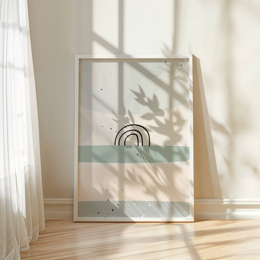 Dusty Green No2, en minimalistisk plakat med delikate, dempede fargetoner. Illustrasjon viser motivet som plakat i hvit ramme.