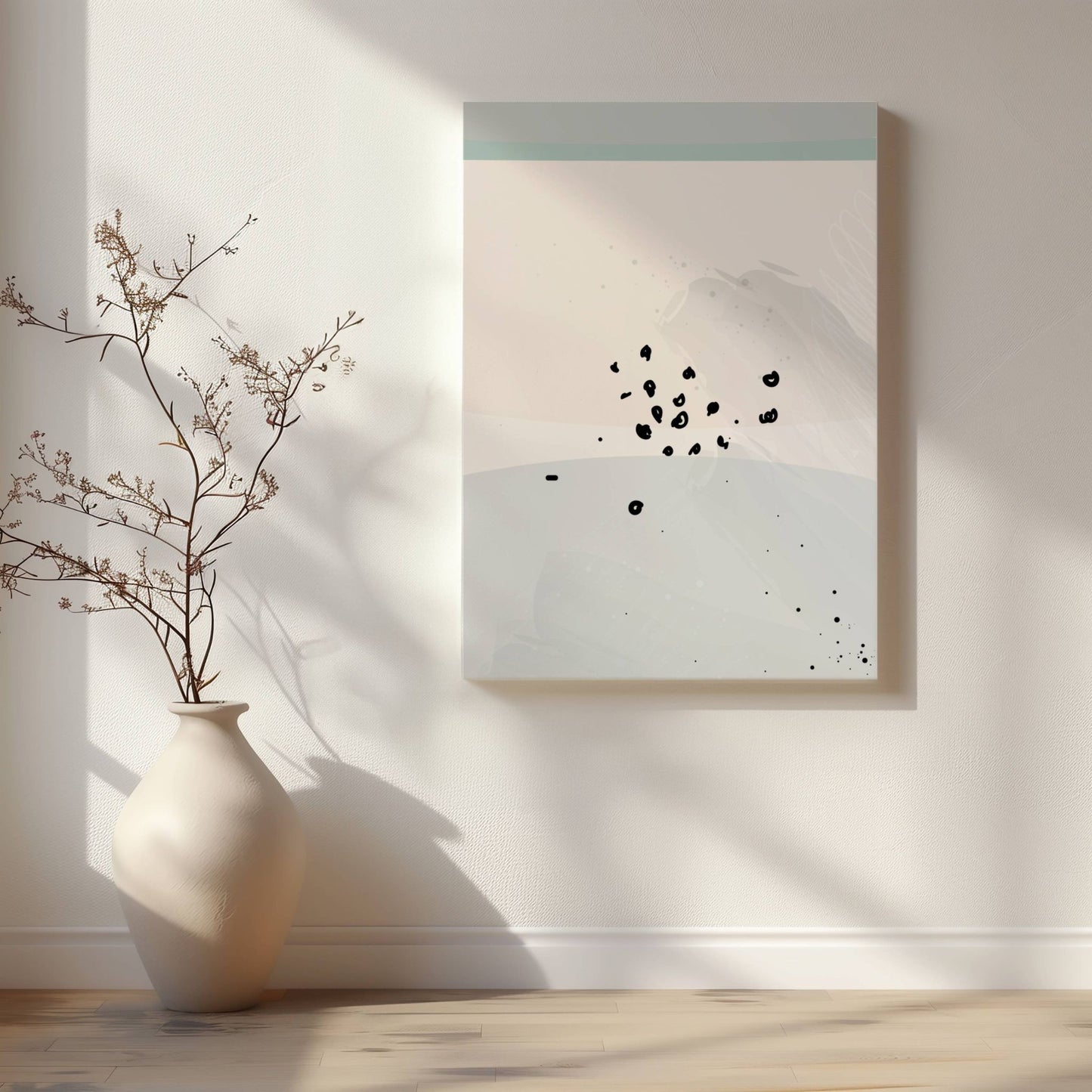 Dusty Green No3, en elegant og subtil kunstplakat som kombinerer duse grønntoner, beige nyanser og et delikat, abstrakt mønster. Illustrasjon viser motivet på lerret.