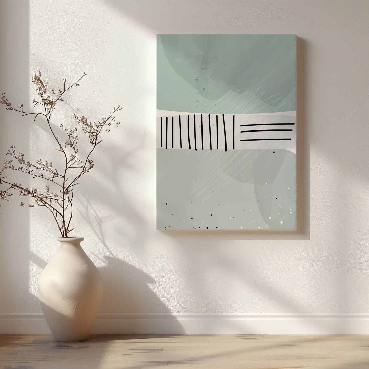 Dusty Green No1, en stilren plakat med delikate grønntoner og subtile linjestrukturer. Illustrasjon viser motivet på lerret.
