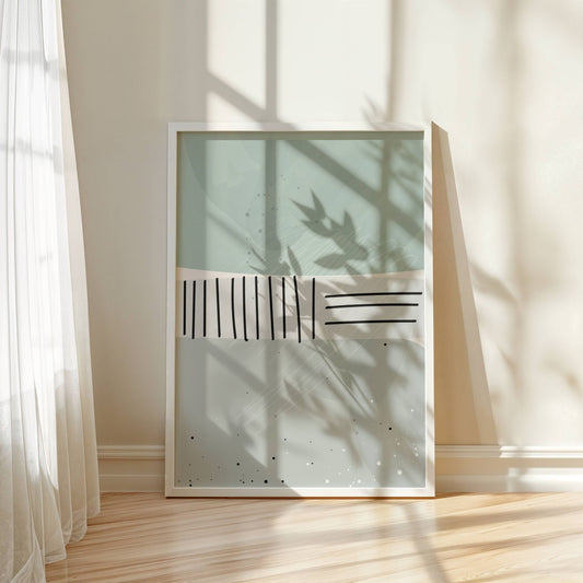 Dusty Green No1, en stilren plakat med delikate grønntoner og subtile linjestrukturer. Illustrasjon viser motivet som plakat i hvit ramme.