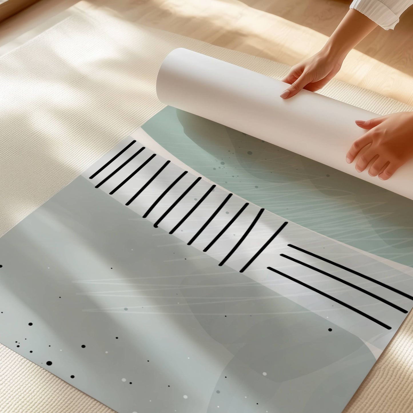 Dusty Green No1, en stilren plakat med delikate grønntoner og subtile linjestrukturer. Illustrasjon viser motivet på print.