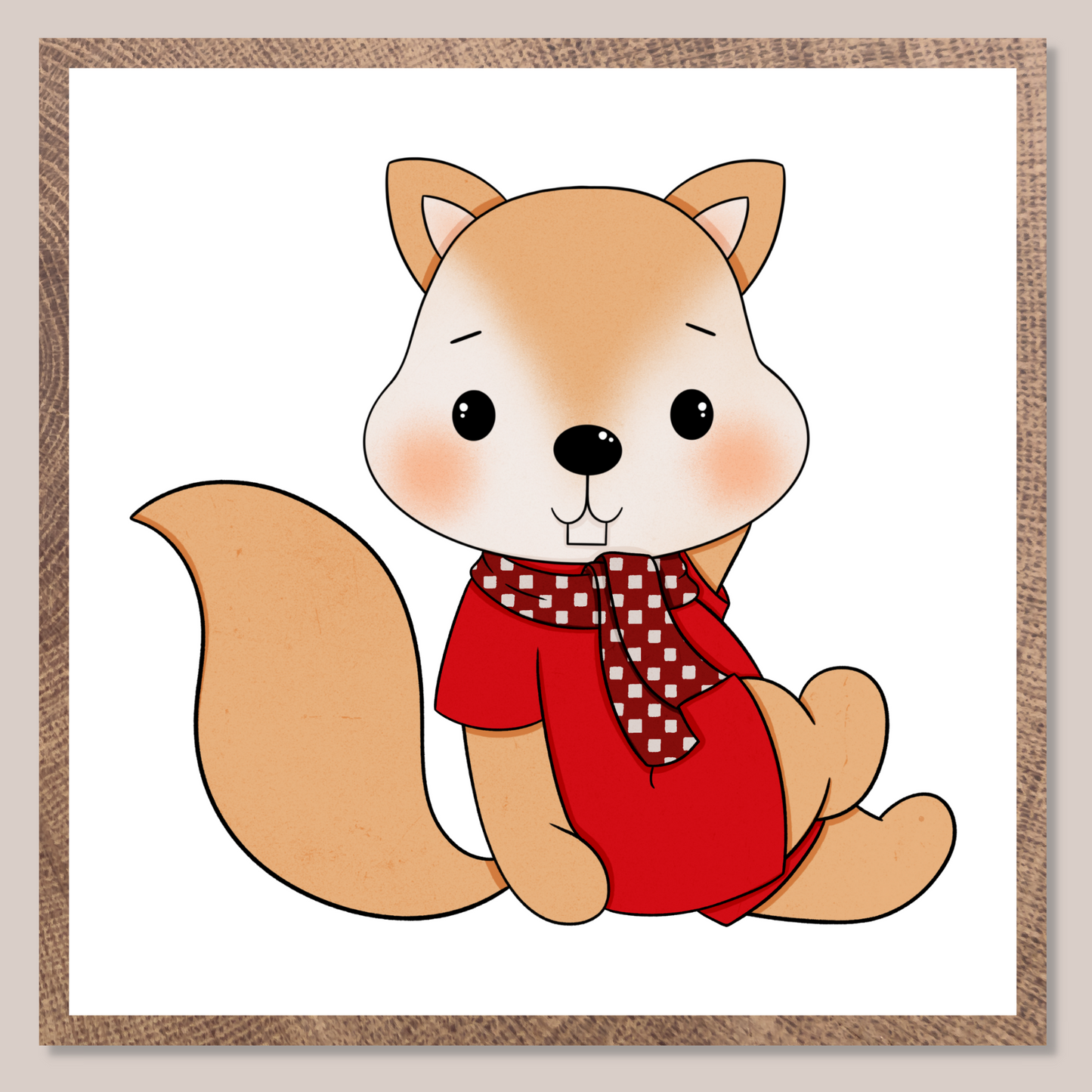 Grafisk illustrasjon av en ekorn-jente i rød kjole. Hun har på et rødt skjerf med hvite ruter rundt halsen.