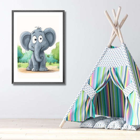 Elefant - Grafisk illustrasjon - barneplakat. Illustrasjonsbilde viser plakat i ramme på et barnerom.