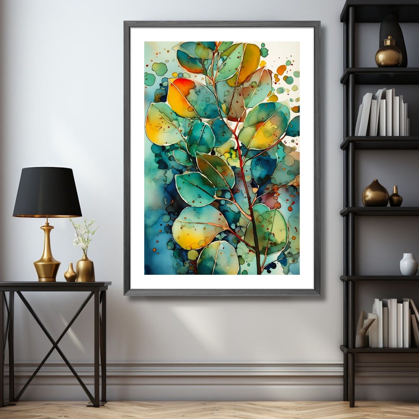 Eucalyptus Leaves - Grafisk akvarell. Illustrasjonsbilde av motivet som plakat i mørk ramme.