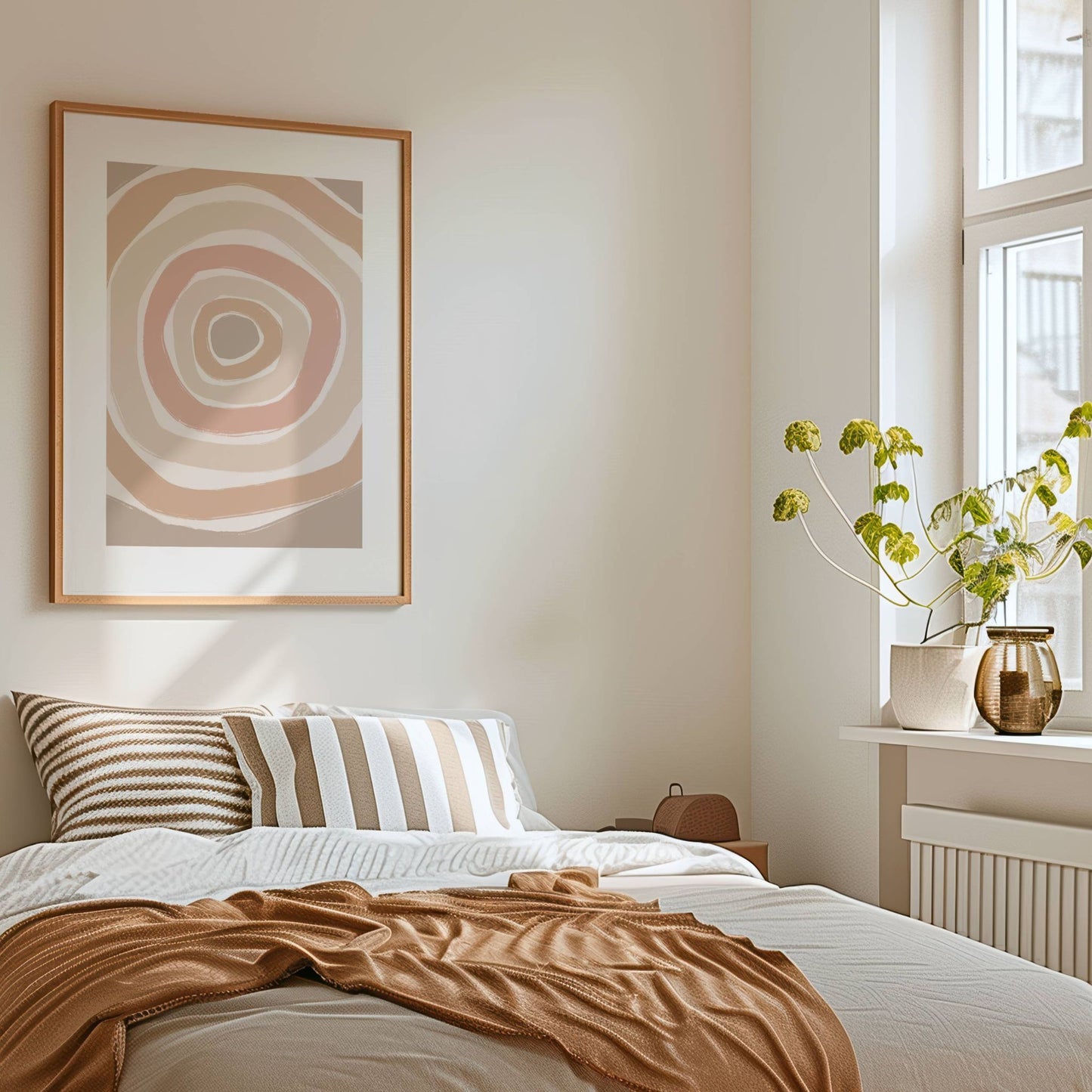 Earth Flow No1 – abstrakt plakat i jordtoner som bringer ro, varme og naturlig flyt til hjemmet ditt. Illustrasjon viser plakat i eik ramme.