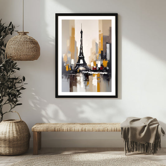 Gjør interiøret ditt unikt med "Eiffeltårnet i Gulltoner", et kunstverk som kombinerer Paris' ikoniske Eiffeltårn med en moderne, abstrakt stil. Illustrasjon viser motivet som plakat med hvit kant i sort ramme.