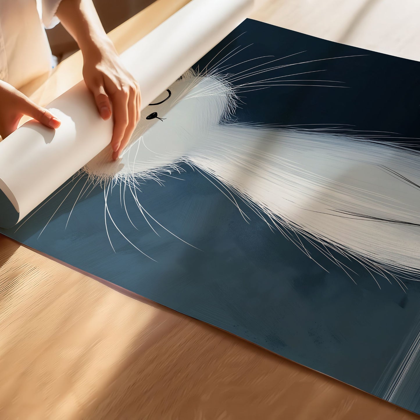 Elegant Hvit Katt, en kunstplakat eller lerret med et minimalistisk og stilrent motiv av en stolt, hvit katt. Illustrasjon viser motivet på print.