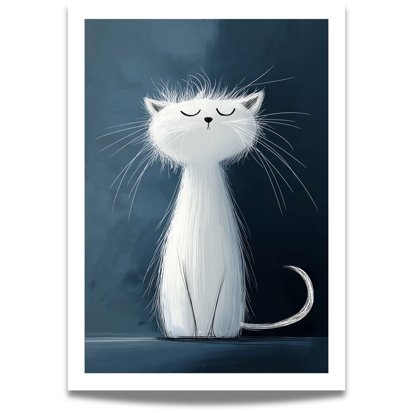 Elegant Hvit Katt, en kunstplakat eller lerret med et minimalistisk og stilrent motiv av en stolt, hvit katt.