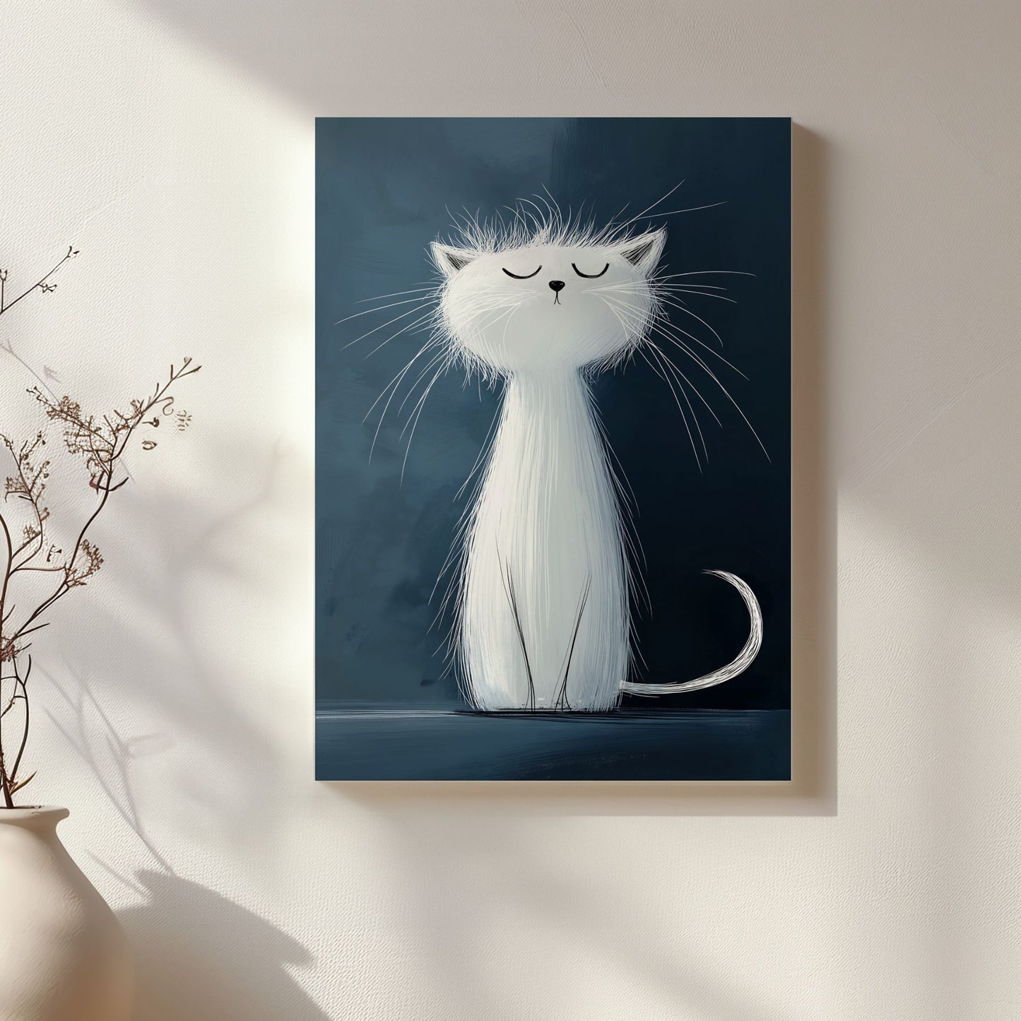 Elegant Hvit Katt, en kunstplakat eller lerret med et minimalistisk og stilrent motiv av en stolt, hvit katt. Illustrasjon viser motivet på lerret.