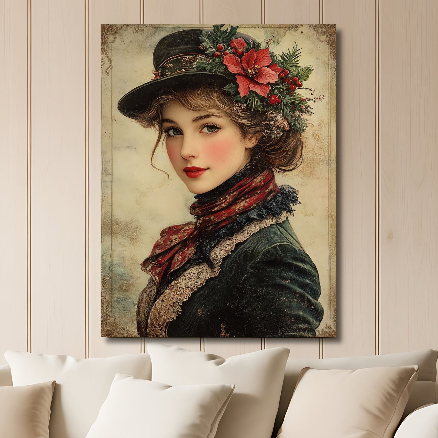 Dette vakre motivet er et portrett av en stilsikker kvinne i klassisk juleantrekk, med blomsterdetaljer og varme toner som rammer inn motivet. Illustrasjon viser motivet på lerret.