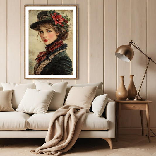 Dette vakre motivet er et portrett av en stilsikker kvinne i klassisk juleantrekk, med blomsterdetaljer og varme toner som rammer inn motivet. Illustrasjon viser motivet som plakat med hvit kant i lys ramme.