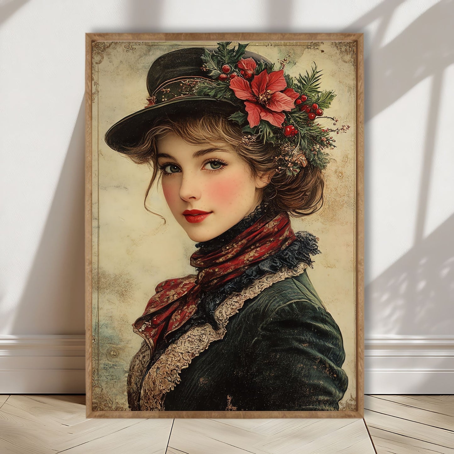 Dette vakre motivet er et portrett av en stilsikker kvinne i klassisk juleantrekk, med blomsterdetaljer og varme toner som rammer inn motivet. Illustrasjon viser motivet som plakat i lys ramme.