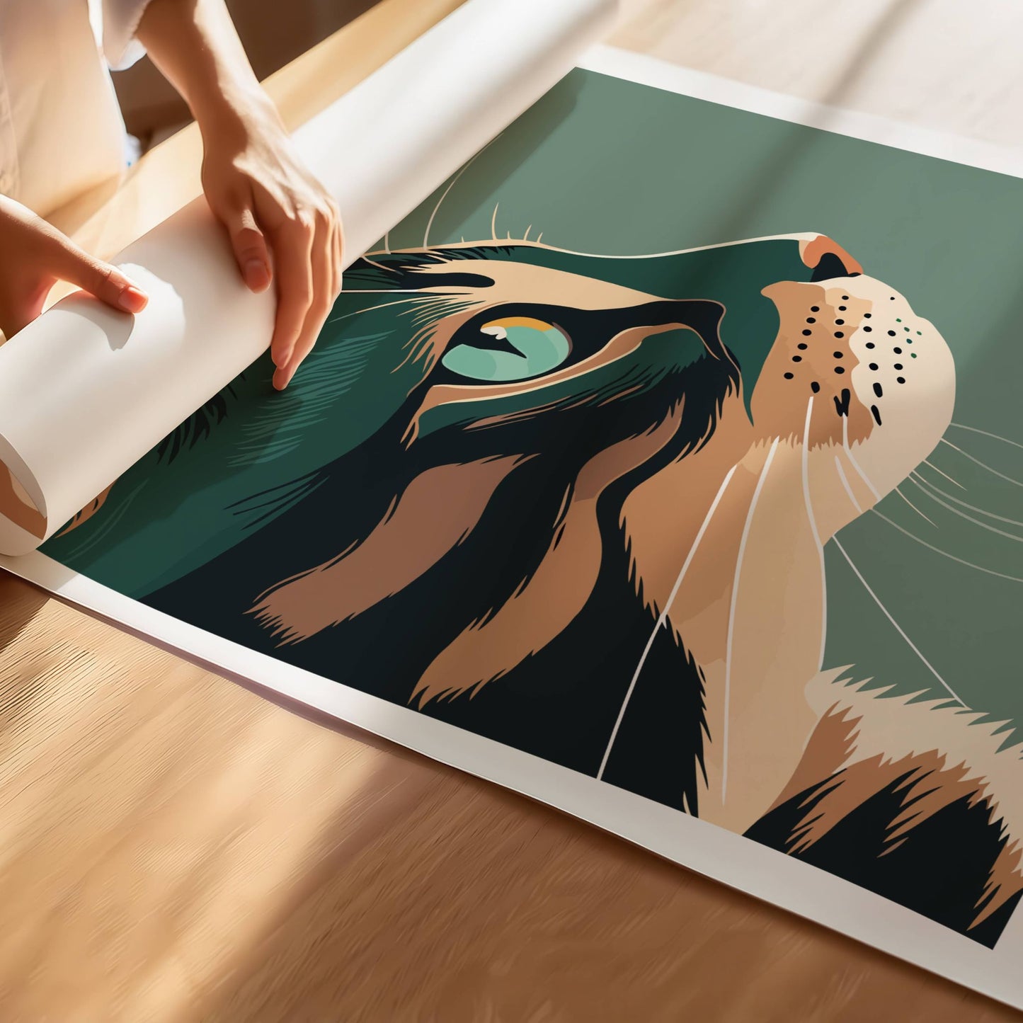 Denne kunstneriske illustrasjonen viser en tigerstripet katt i profil, med intense blågrønne øyne og vakre kontraster mellom varme jordtoner og dype skygger. Illustrasjonen viser print av plakat.