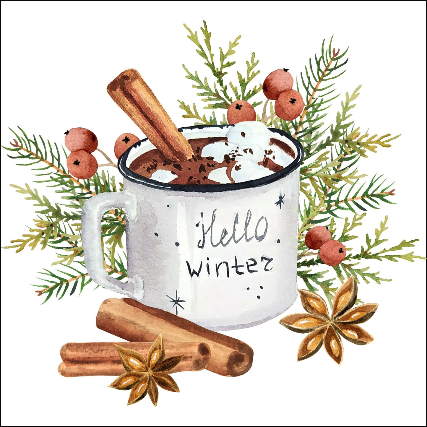 Dekorativt julemotiv av et krus med sjokolade.