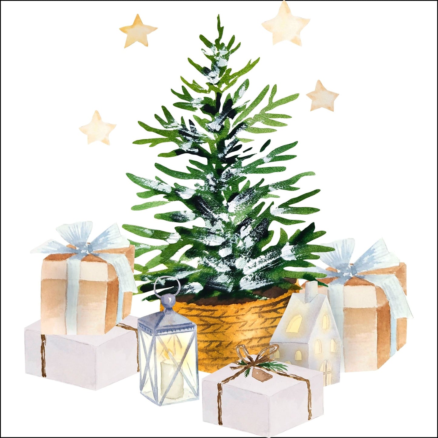 Dekorativt julemotiv av juletre og julepakker.
