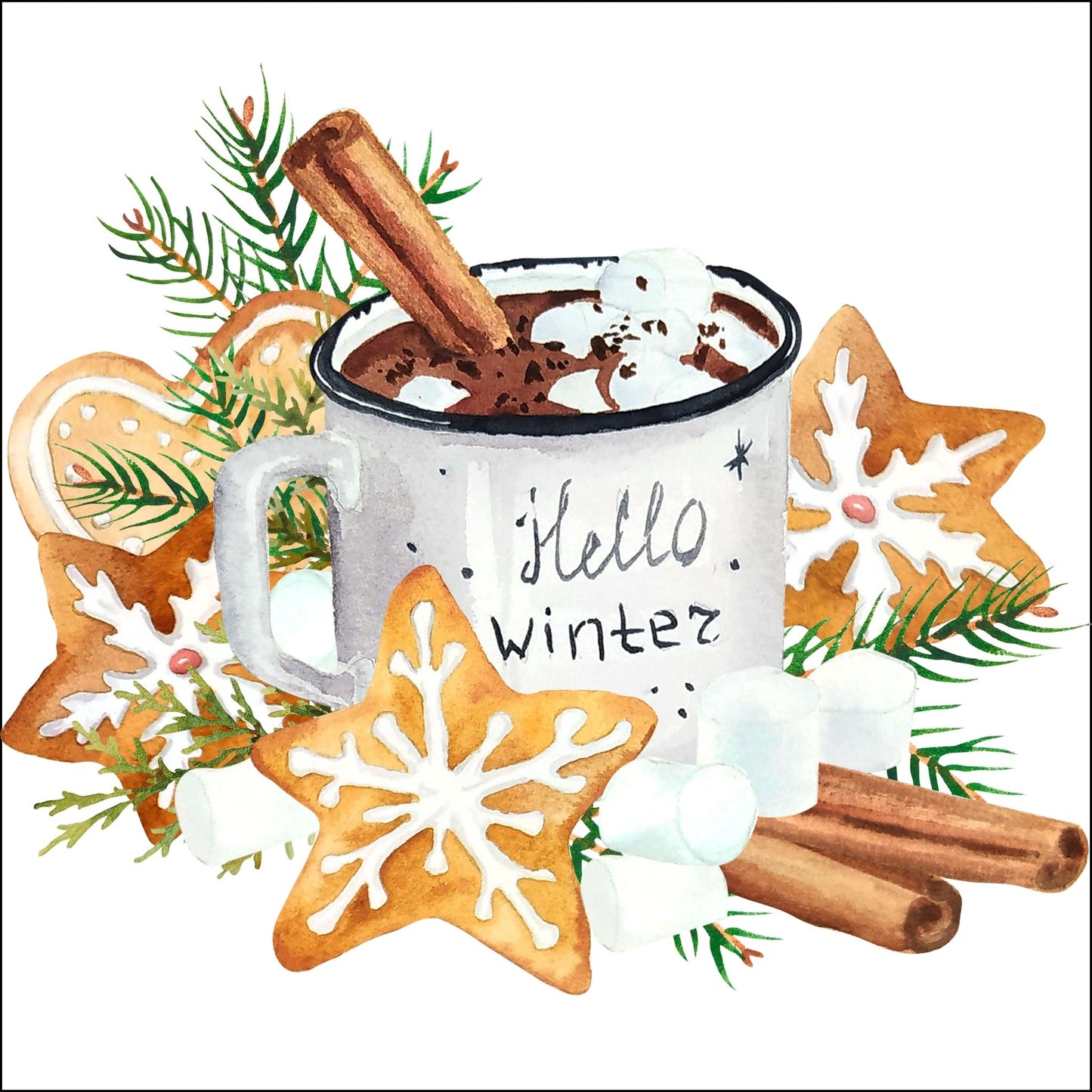 Dekorativt julemotiv av et julekrus med sjokolade og pepperkaker.