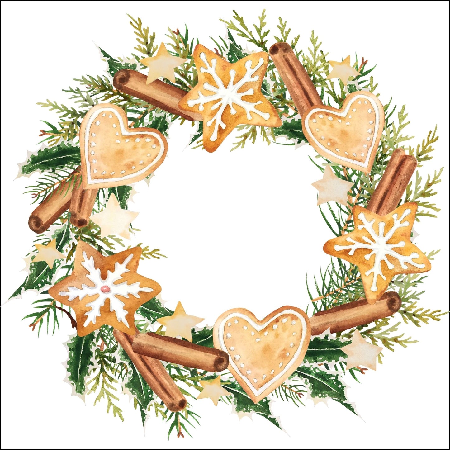 Dekorativt julemotiv av en krans av bar pyntet med peperkaker og kanelstenger.