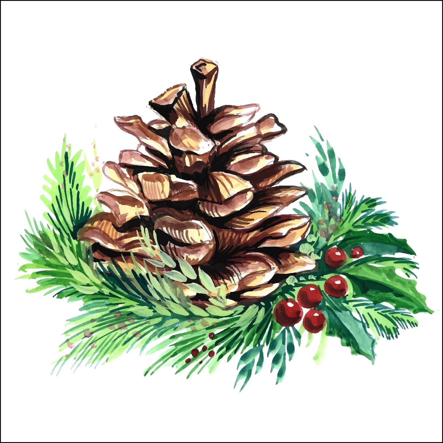 Dekorativt julemotiv av en furukongle, granbar og mistel.