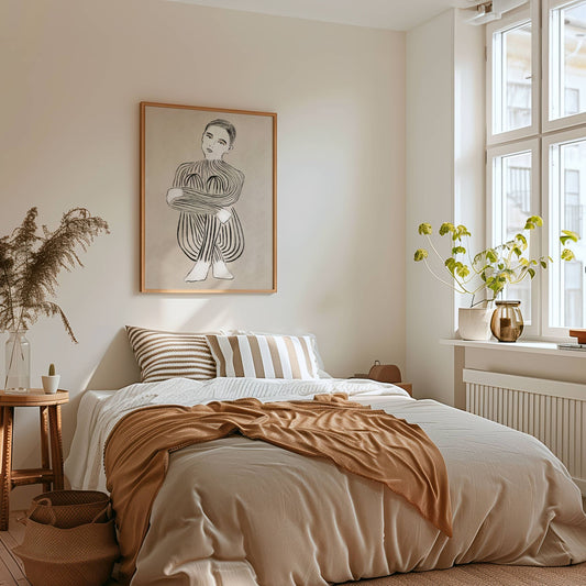 Embrace er et unikt og tankevekkende kunstverk som forener minimalisme og abstrakt form i en harmonisk komposisjon med en sittende kvinne. Illustrasjon viser motivet som plakat i eik ramme.