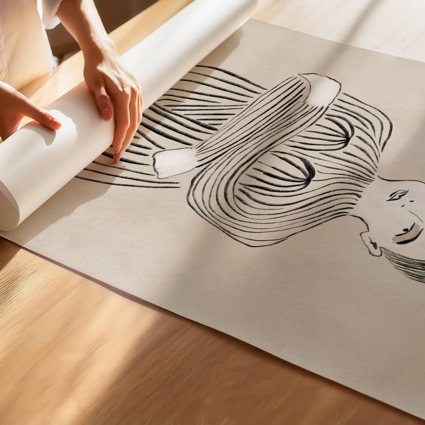 Embrace er et unikt og tankevekkende kunstverk som forener minimalisme og abstrakt form i en harmonisk komposisjon med en sittende kvinne. Illustrasjon viser motivet på print.